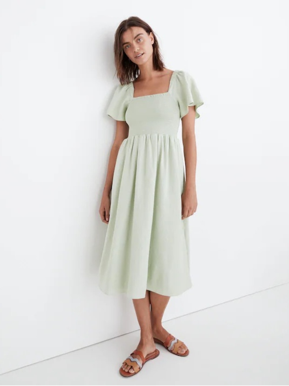 Madewell Linen Blend Lucie Smocked Midi Dress Small